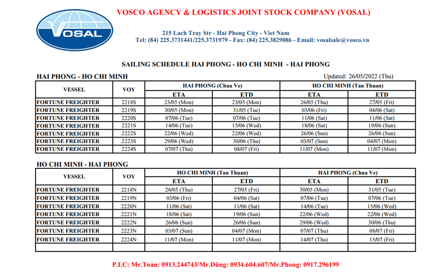 SAILING SCHEDULE HAI PHONG - HO CHI MINH - HAI PHONG update 26/05/2022 (Thurs)