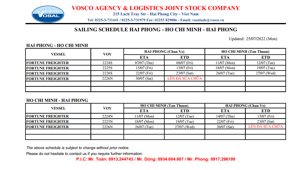 SAILING SCHEDULE HAI PHONG - HO CHI MINH - HAI PHONG update 25/06/2022 