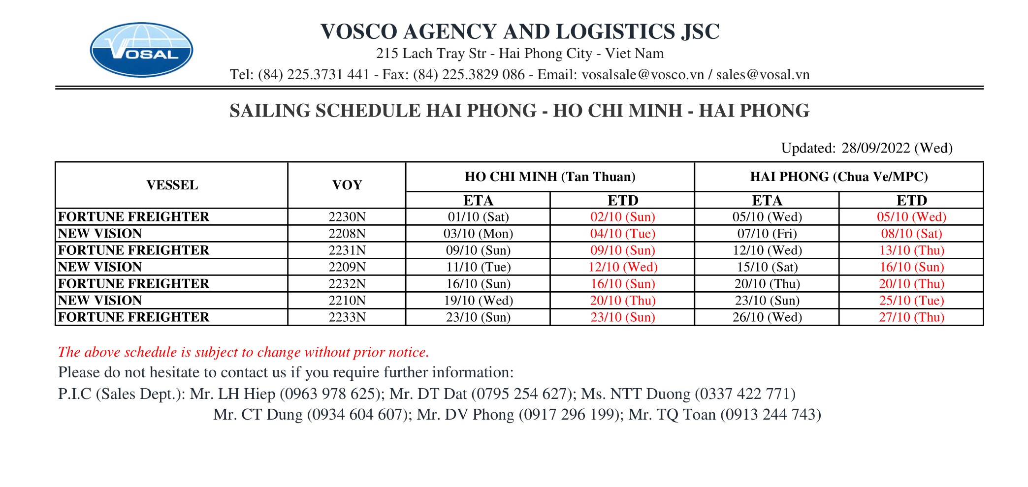 SAILING SCHEDULE HAI PHONG - HO CHI MINH - HAI PHONG update 28/09/2022