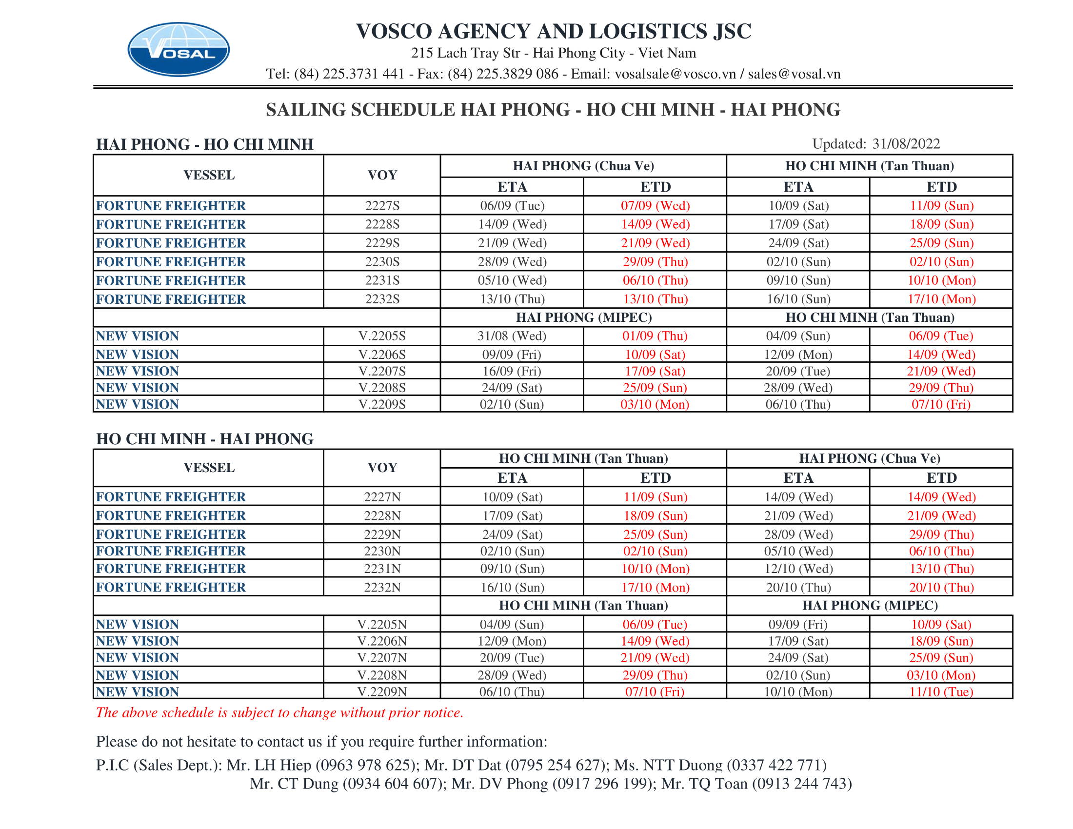 SAILING SCHEDULE HAI PHONG - HO CHI MINH - HAI PHONG update 09/08/2022