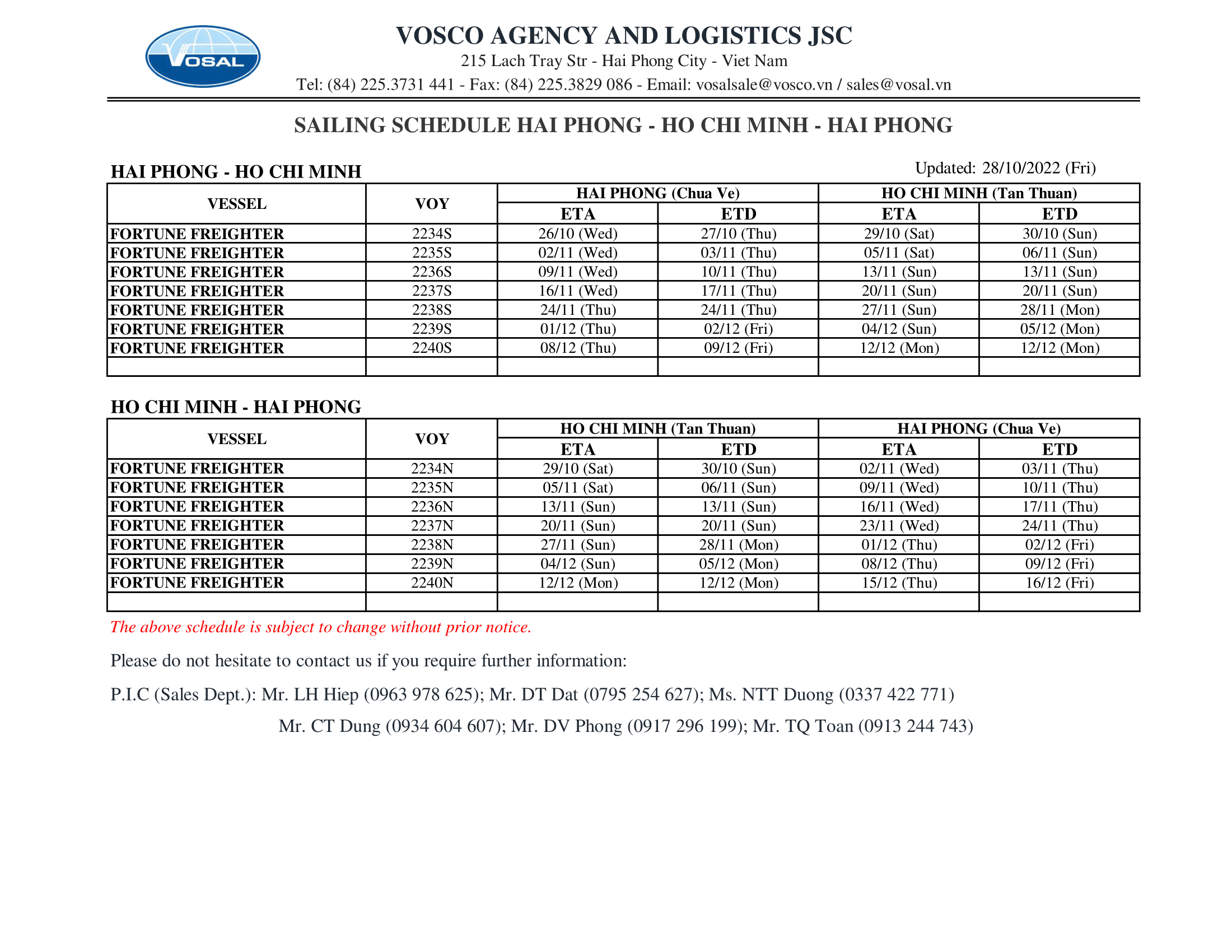 SAILING SCHEDULE HAI PHONG - HO CHI MINH - HAI PHONG update 28/10/2022