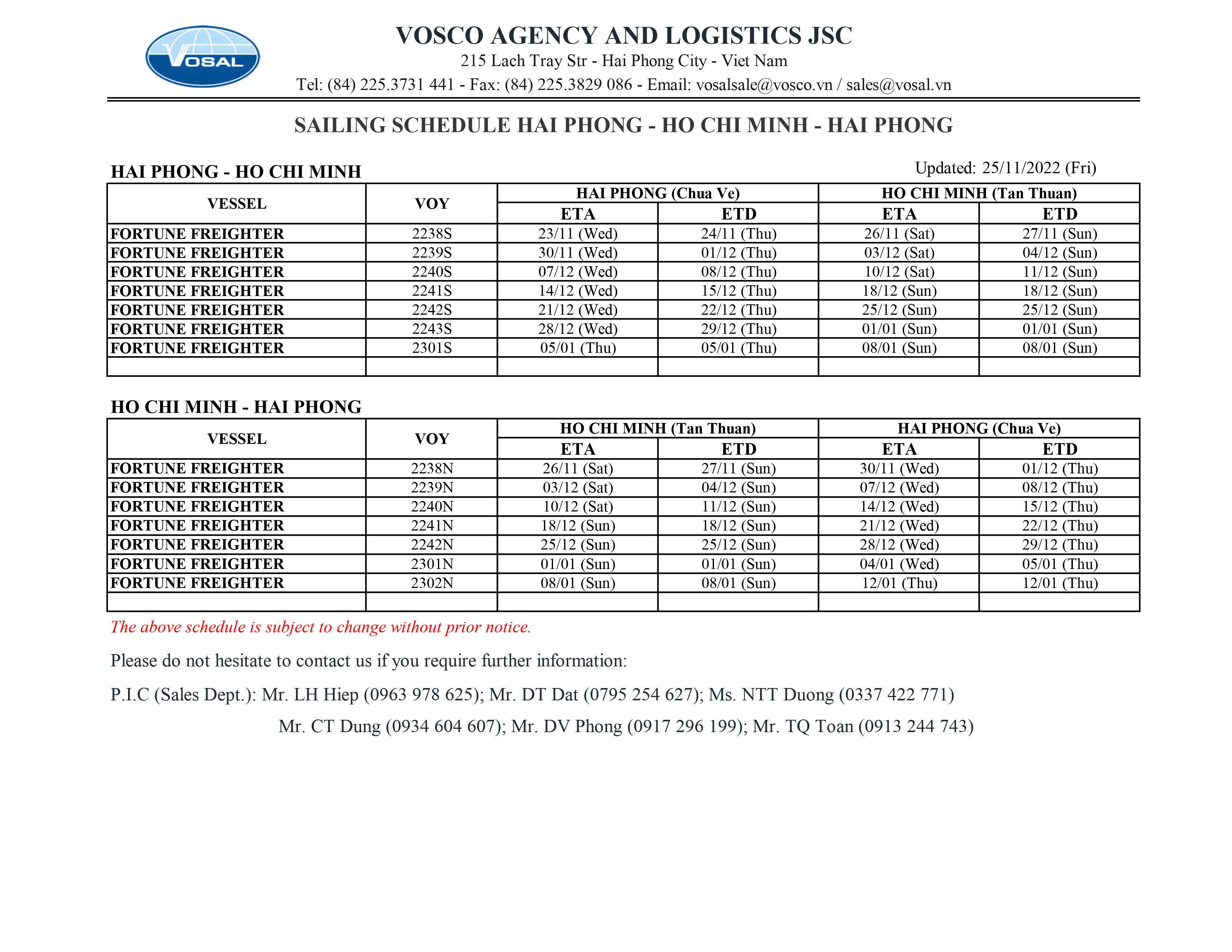 SAILING SCHEDULE HAI PHONG - HO CHI MINH - HAI PHONG update 25/11/2022
