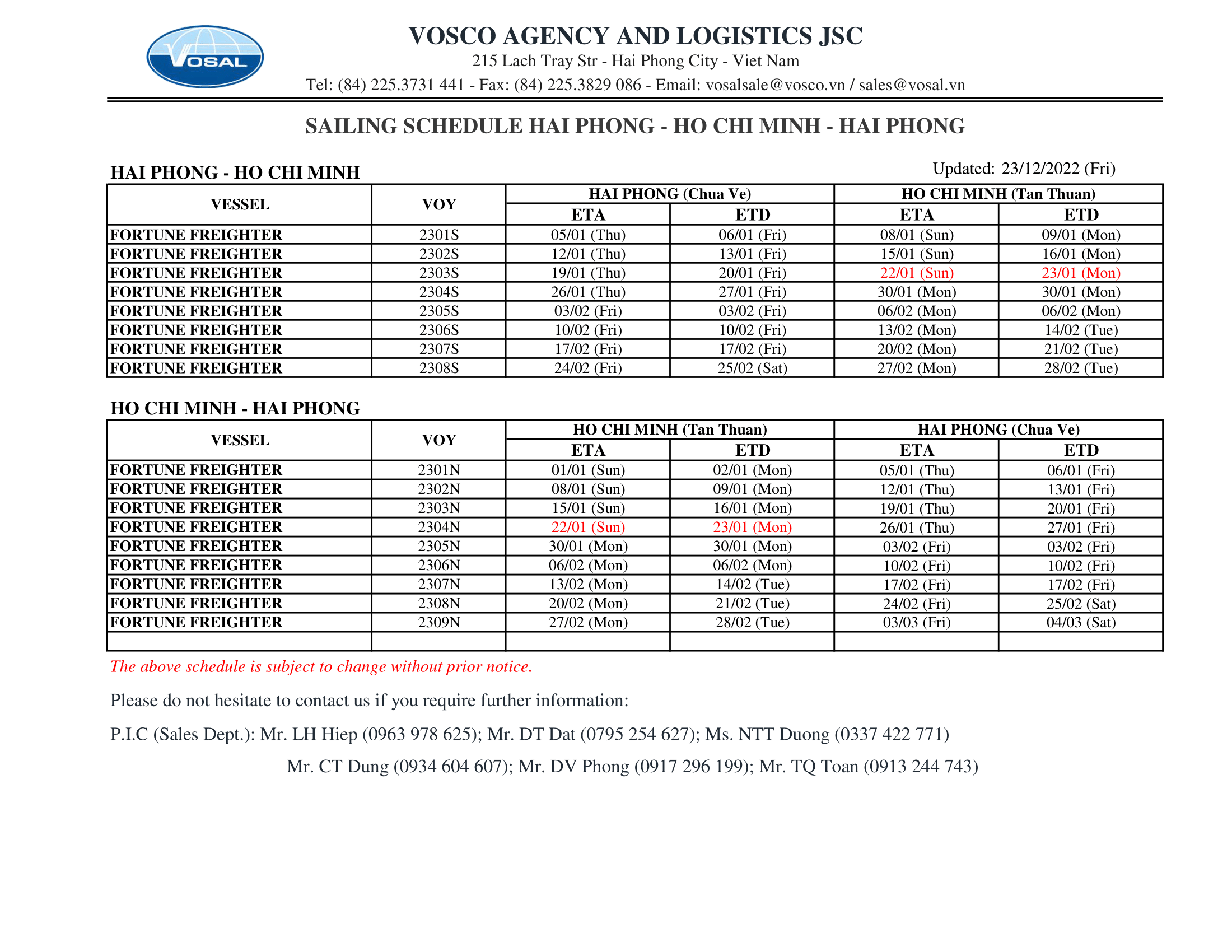 SAILING SCHEDULE HAI PHONG - HO CHI MINH - HAI PHONG update 23/12/2022