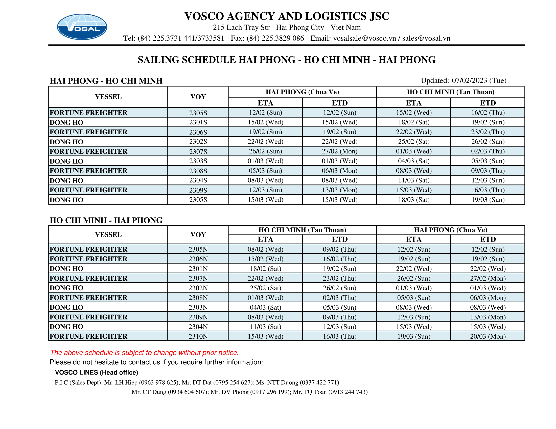 SAILING SCHEDULE HAI PHONG - HO CHI MINH - HAI PHONG update 07/02/2023