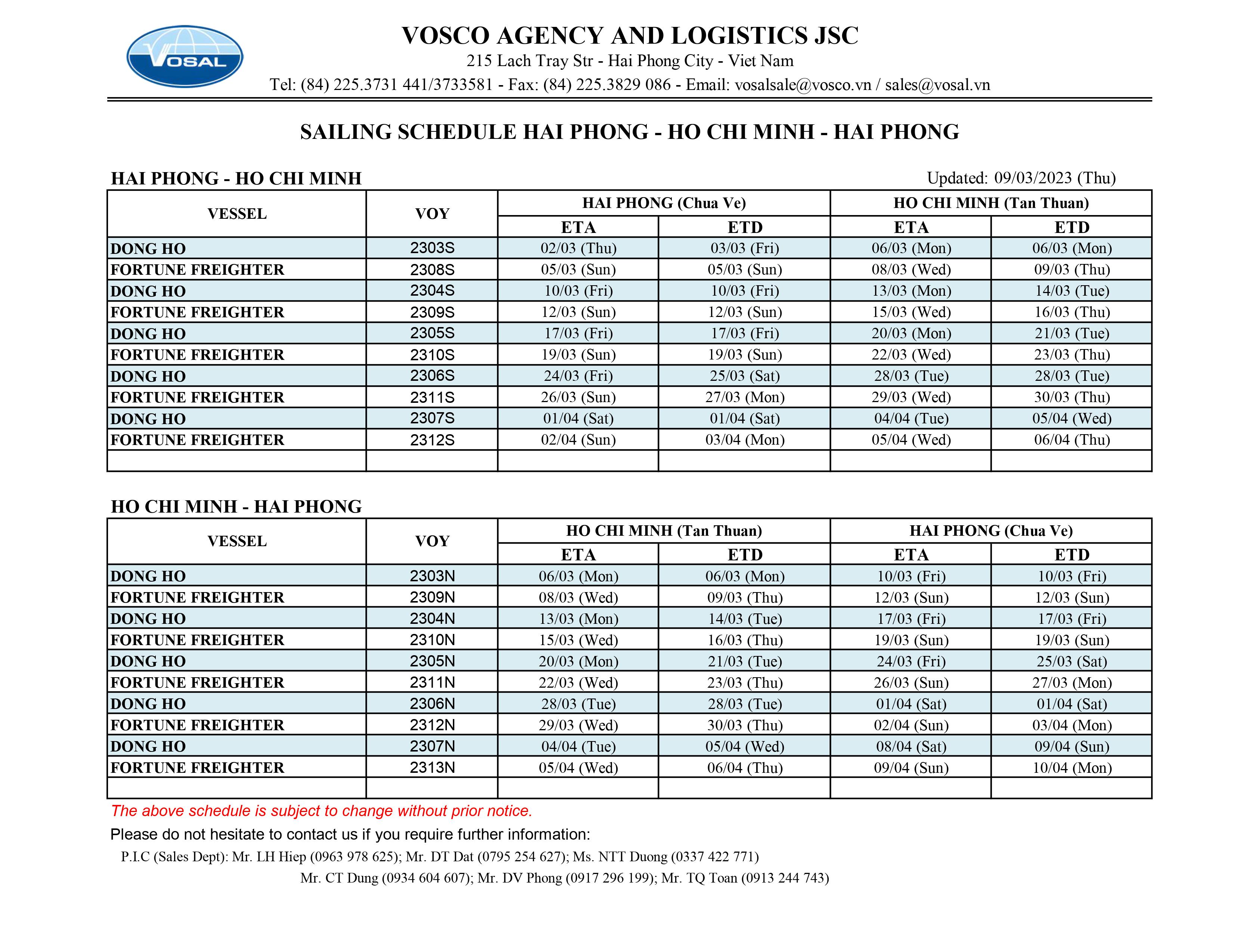 SAILING SCHEDULE HAI PHONG - HO CHI MINH - HAI PHONG update 09/03/2023