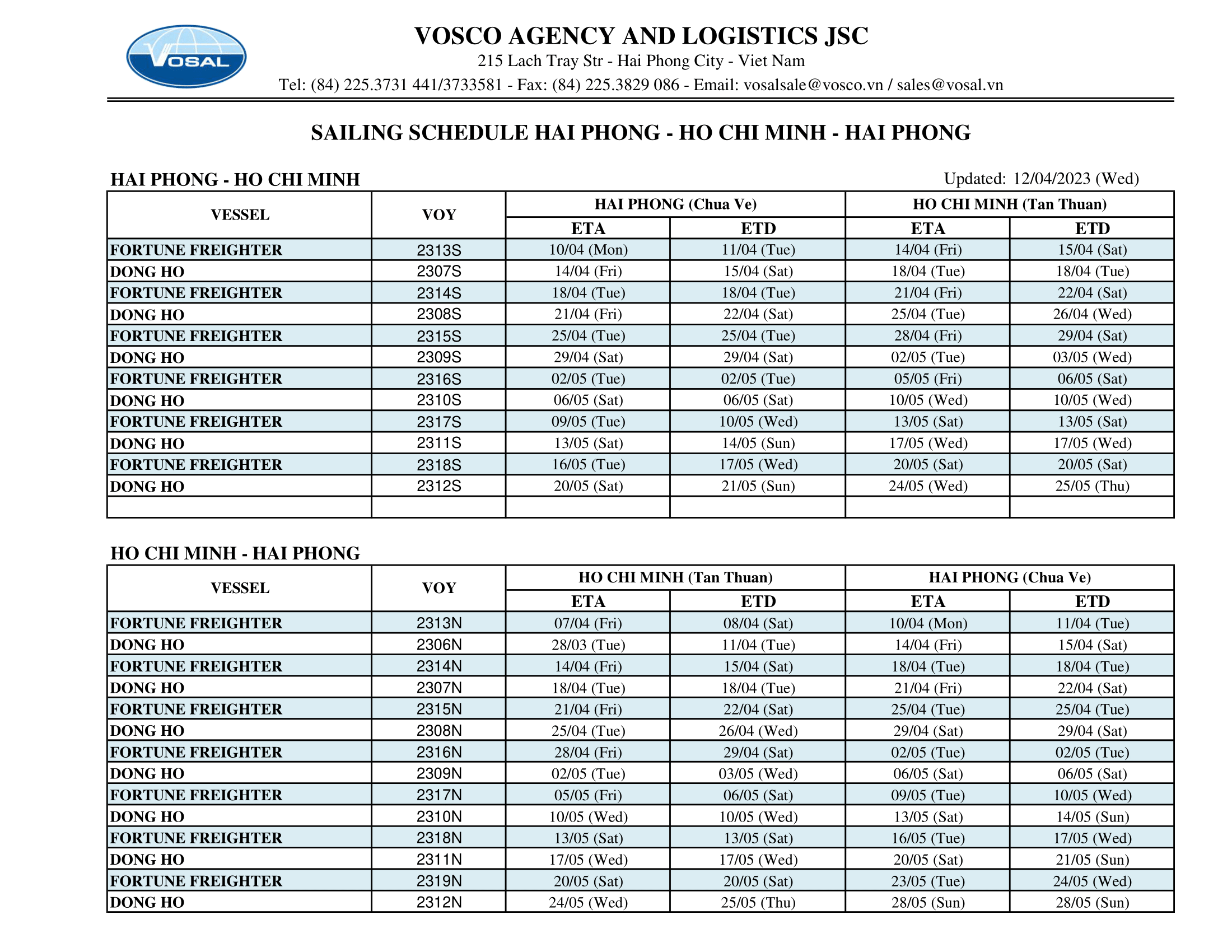 SAILING SCHEDULE HAI PHONG - HO CHI MINH - HAI PHONG update 12/04/2023