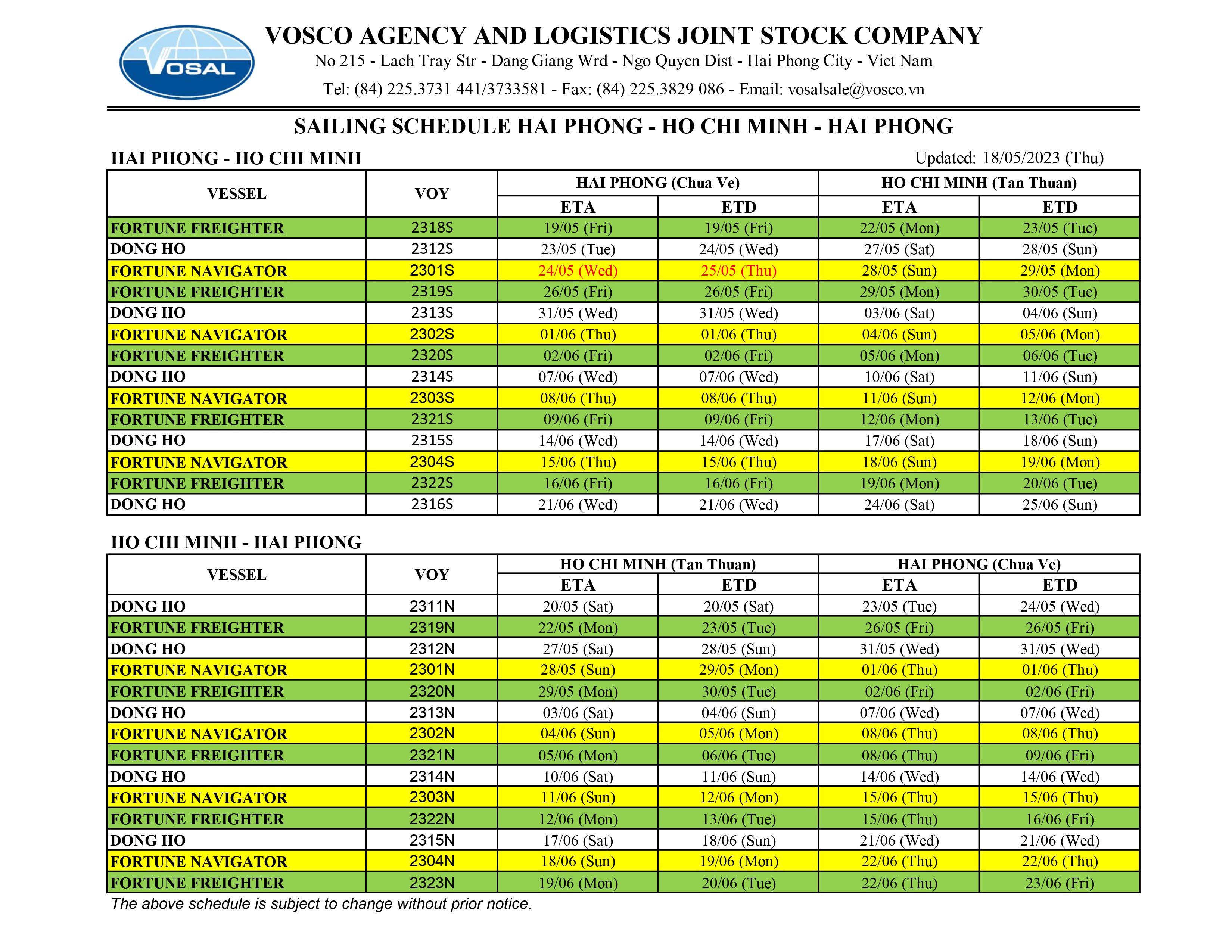SAILING SCHEDULE HAI PHONG - HO CHI MINH - HAI PHONG update 18/05/2023