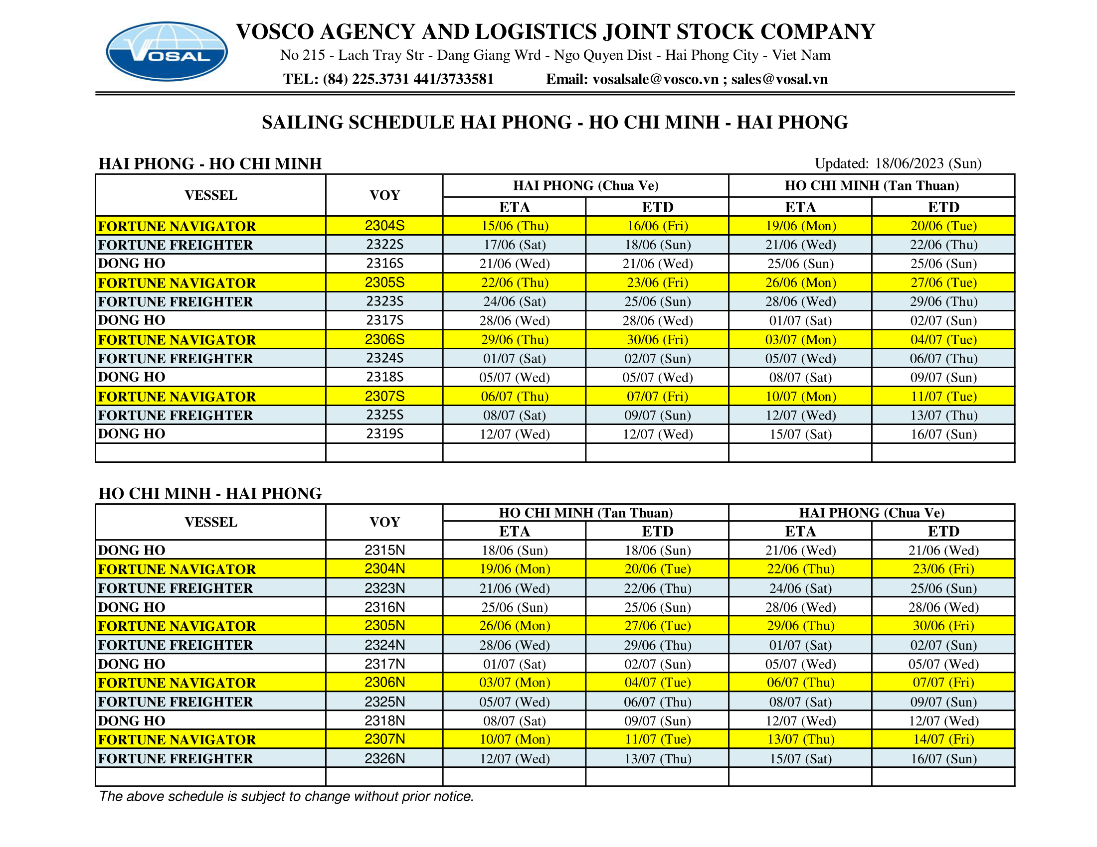 SAILING SCHEDULE HAI PHONG - HO CHI MINH - HAI PHONG update 18/06/2023